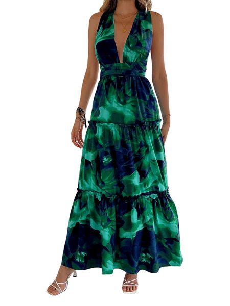 Women's Tie Dye Printed V Neck Backless Cami Dress Sleeveless Maxi Dress HWA5LMWA49