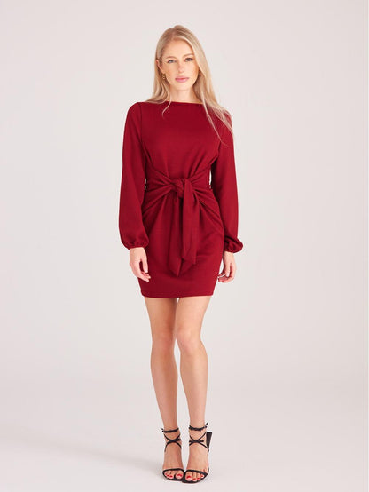 Women's Elegant Long Lantern Sleeve Short Dress Crewneck Tie Waist Knit Cocktail Dress