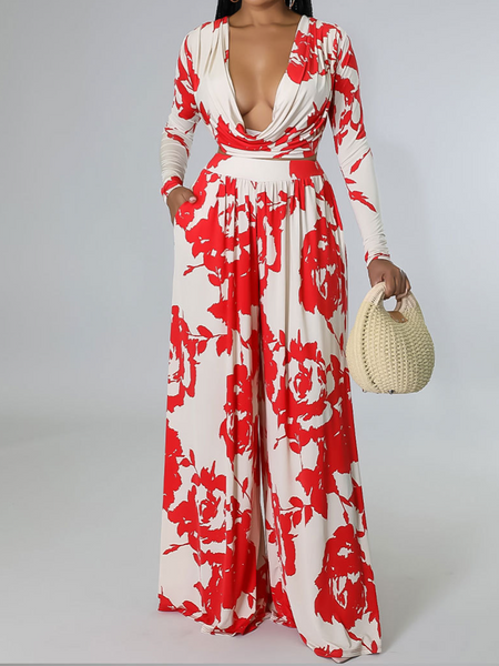 Spring 2024 new Long-Sleeved deep V color Printed two piece set