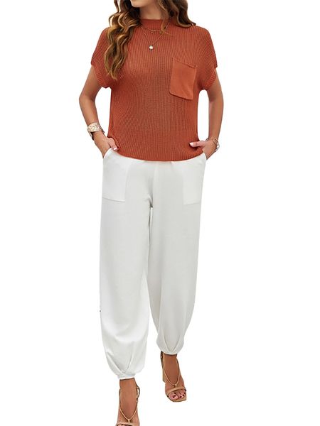 2-PC Set Women's Spring Summer Solid Color Knitted  Short Sleeve Top and Long Pants HELXNR685S