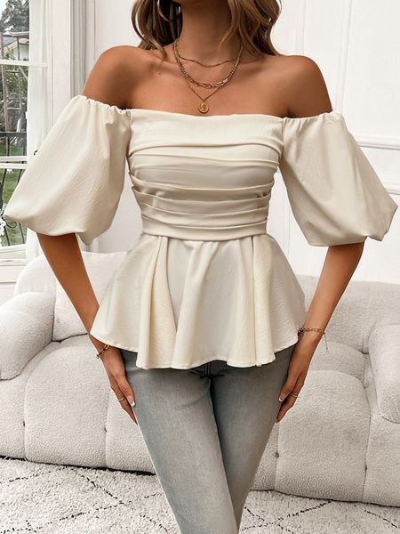 Solid Color Off-Shoulder Ruffle Hem Puff Sleeve Short Top H59TB44TMX