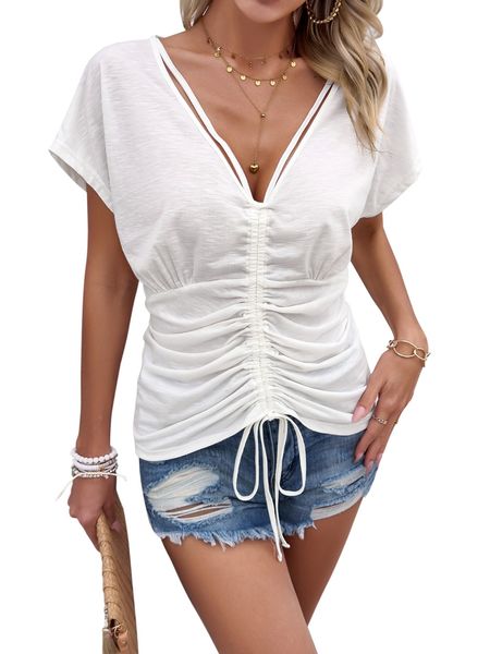 V-neck Short Sleeve Ruched Top with Front Drawstring  HEQ3B6EZWS