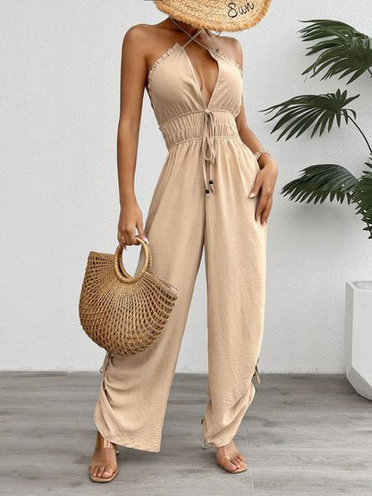 Women's Solid Backless Criss Cross Halter Neck V-neck Wide-Leg Jumpsuit H8B8TVWV6E