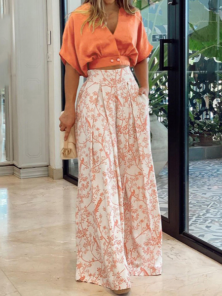 V-Neck Cropped Top And Printed Wide-Leg Pants 2-Piece Set H9V36ARHNN