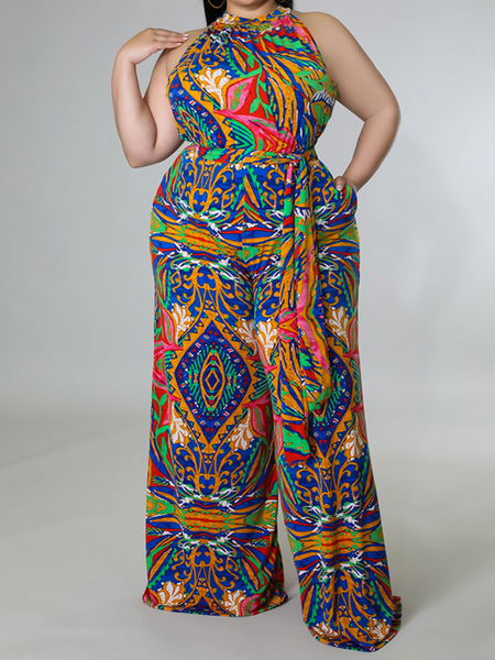 Hanging Neck Printed Waist Belt Jumpsuit HW5Z2SK47W