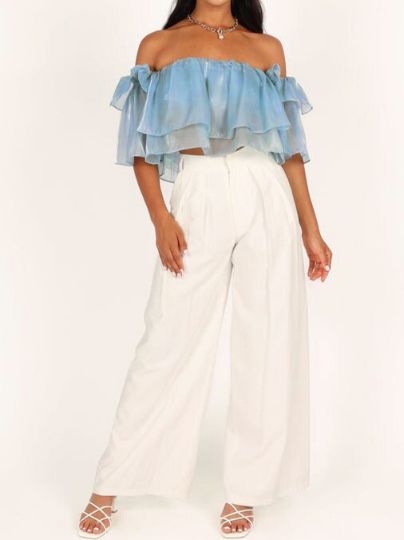 Women's Off Shoulder Double Layer Ruffle Trim Crop Top HUBDBMHSHB