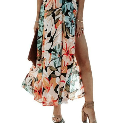 Floral Print V-neck High Slit Half Sleeve Shirred Maxi Dress HEDRPPCRC9