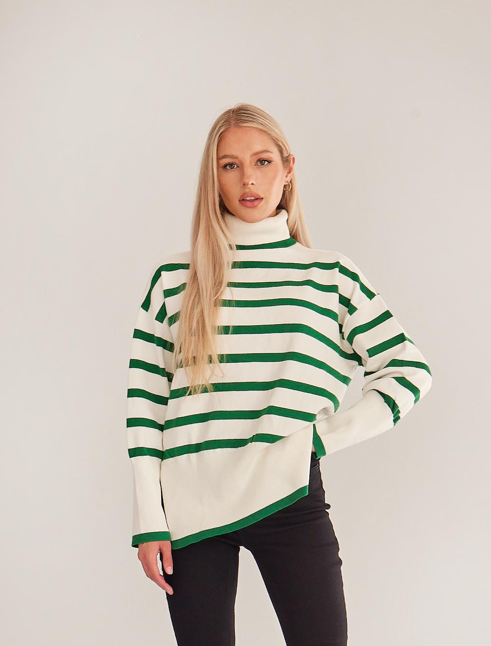 Women's Striped Turtleneck Side-slit Sweater