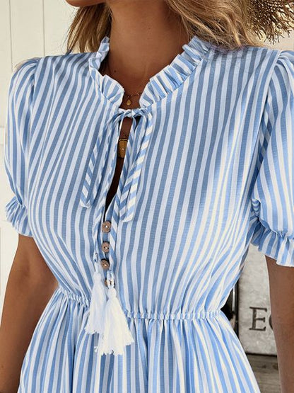 Women's Striped Dress Puff Short Sleeve Ruffle Hem Midi Dress Summer  Dress  
 HWHA6857U7