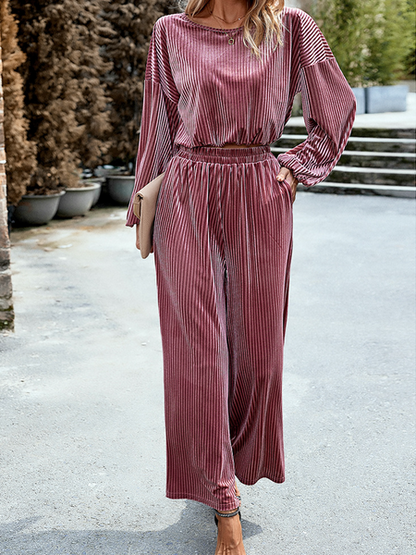 Drop Shoulder Top and Loose Pants Leisure Two-piece Set HWWX62YZAR