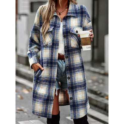 Women's Retro Plaid Long Cardigan Shirt Jacket Coats for Women