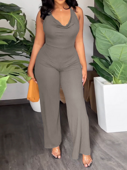 V-Pile Tie - Up Backless Casual Wide-Leg Jumpsuit HWUBKQ2MHQ