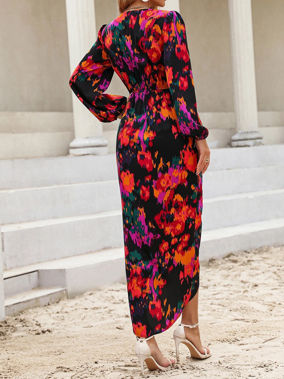 Printed V-neck Lantern Sleeve Wrap Dress