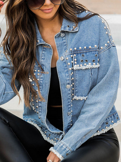 Beaded And Diamond-Encrusted Biker Denim Jacket
 HWFWECMASL