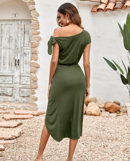 One-Shoulder Knot Dress With Slit HWFUWB659Y