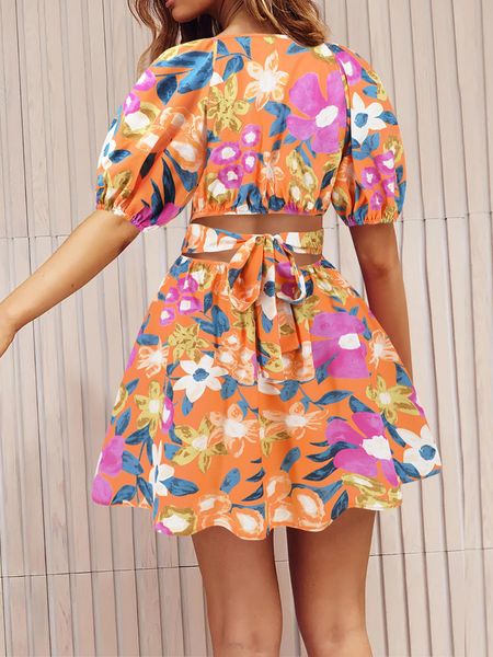 Women's Summer Printed V-Neck Lantern Sleeve Short Dress

 HEDVV9ZEKK