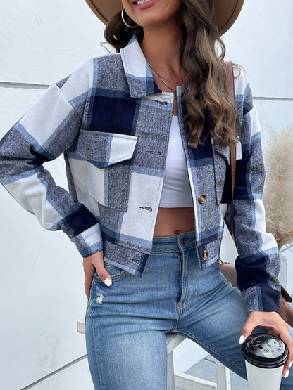 Women's Short Plaid Cardigan Shirt Retro Jacket Coat