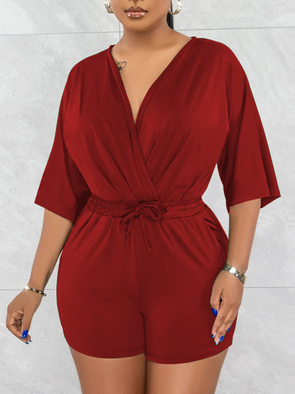 Pure Color V-Neck Gathered Waist Jumpsuit HWF57YRXM7