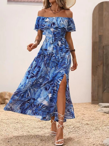 Off-shoulder lotus leaf edge printed dress HWF82UCWMN