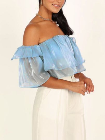 Women's Off Shoulder Double Layer Ruffle Trim Crop Top HUBDBMHSHB