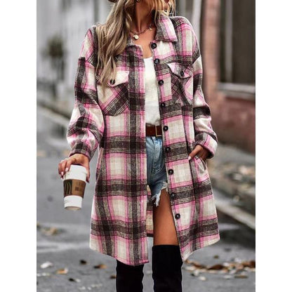 Women's Retro Plaid Long Cardigan Shirt Jacket Coats for Women