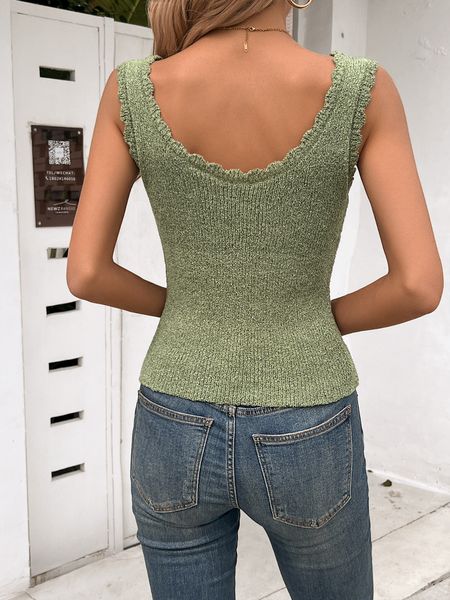 Scoop Neck Wide Strap Knit  Vest  Sleeveless Sweater with Scallop Trim  H5PWV9AWH5