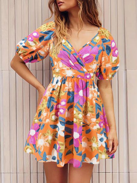 Women's Summer Printed V-Neck Lantern Sleeve Short Dress

 HEDVV9ZEKK