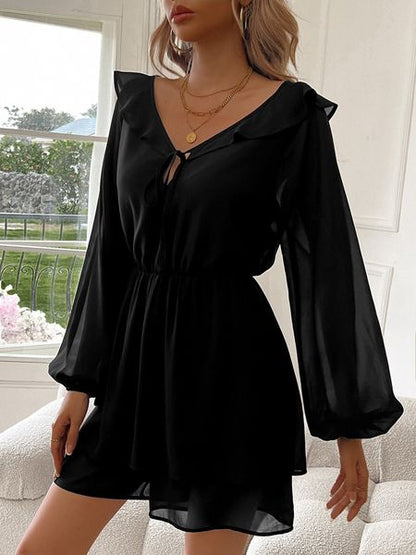 Women's Ruffle Long Sleeve Jumpsuit Elegant V Neck Short Dress H5MQN9FMY4