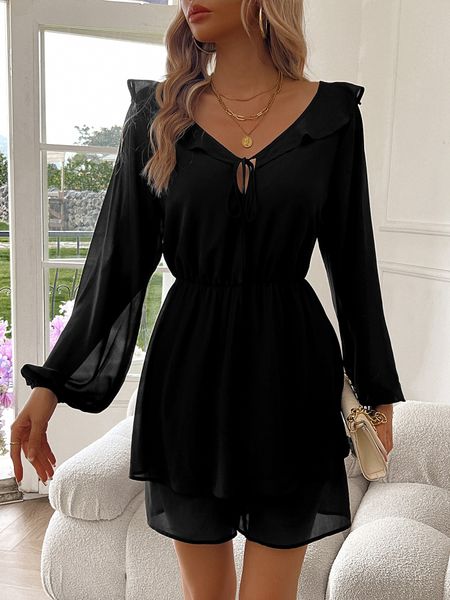 Women's Ruffle Long Sleeve Jumpsuit Elegant V Neck Short Dress H5MQN9FMY4