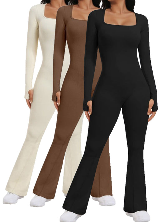 Solid Color Women's Square Neck Breathable& Stretchy  Flattering Long Sleeve Jumpsuit with Skin-Friendly Jumpsuit for Yoga or Fitness HM57Z8ZSD7