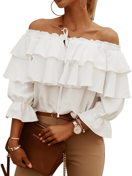 Off Shoulder Tie-Front Ruffle Blouse H6ACEE8PSH