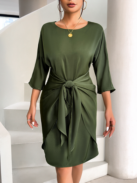 Women's Tie Front Round Neck Half Sleeve Midi Dress HY33V8NYL9