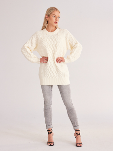 Oversized Crewneck Cable Knit Sweater Dress