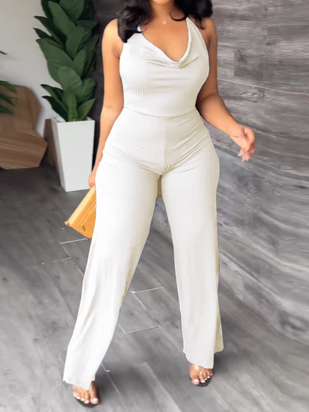 V-Pile Tie - Up Backless Casual Wide-Leg Jumpsuit HWUBKQ2MHQ