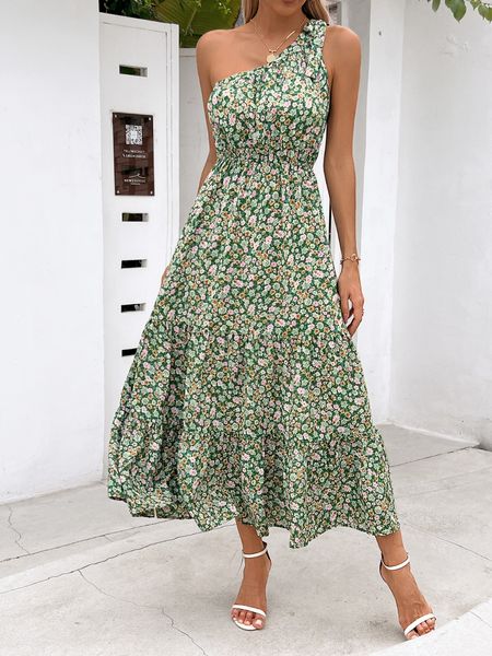 Women's Floral Print One-Shoulder Dress Sleeveless Ruffled Hem Flowy Maxi Dresses  H5YAP89Q7B