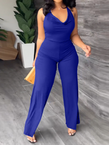 V-Pile Tie - Up Backless Casual Wide-Leg Jumpsuit HWUBKQ2MHQ