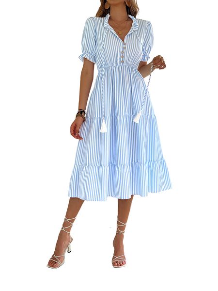 Women's Striped Dress Puff Short Sleeve Ruffle Hem Midi Dress Summer  Dress  
 HWHA6857U7