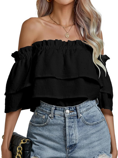 Women's Casual Off Shoulder Layered Ruffle Trim Top