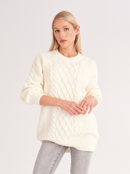 Oversized Crewneck Cable Knit Sweater Dress