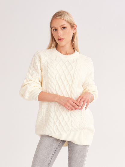 Oversized Crewneck Cable Knit Sweater Dress