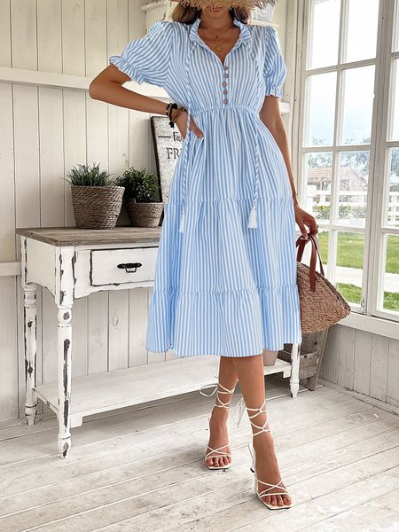 Women's Striped Dress Puff Short Sleeve Ruffle Hem Midi Dress Summer  Dress  
 HWHA6857U7