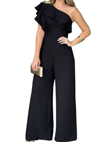 Women's One Shoulder Ruffle  Wide-Leg Jumpsuit HEDZTUTUL6