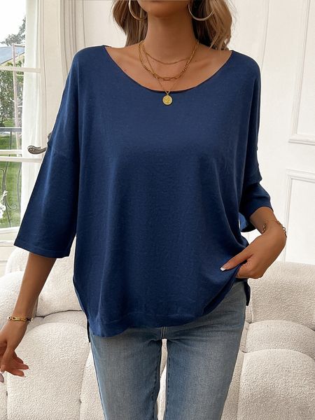 Women's Solid Color Dropped- shoulder Casual Top 3/4 Sleeve Crew Neck Knitted Top HWVK7LL7H2