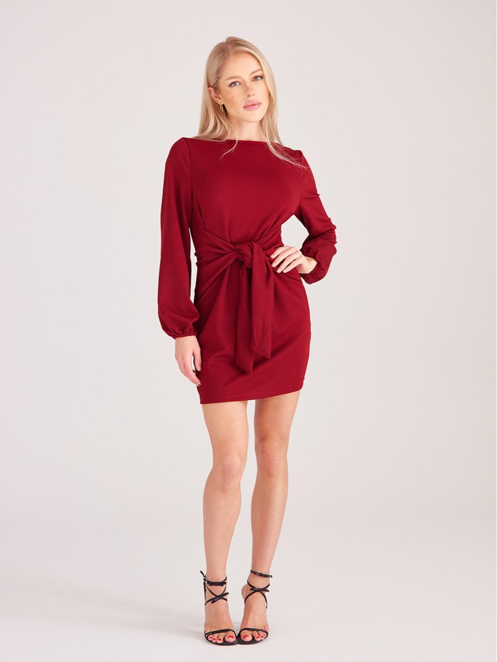 Women's Elegant Long Lantern Sleeve Short Dress Crewneck Tie Waist Knit Cocktail Dress