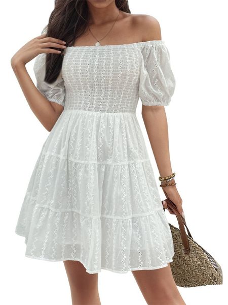 Women's Sundresses High Waist Off Shoulder Summer Dress Puff Sleeve Tiered Ruffle Hem Mini Dress
 HED2FKQPTD