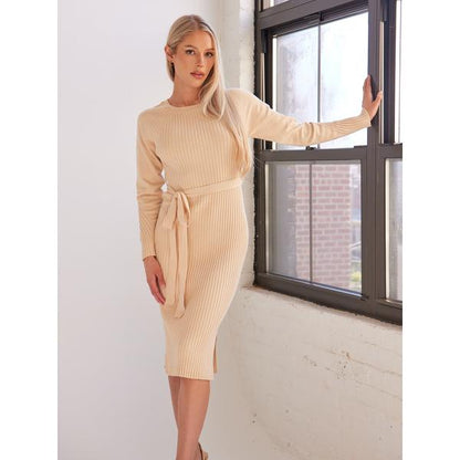 Ribbed Knitted Side Slit Dress with Waist Tie