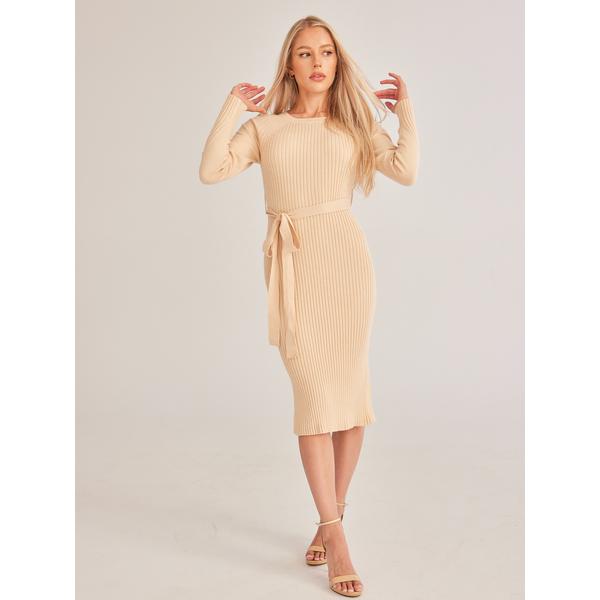 Ribbed Knitted Side Slit Dress with Waist Tie