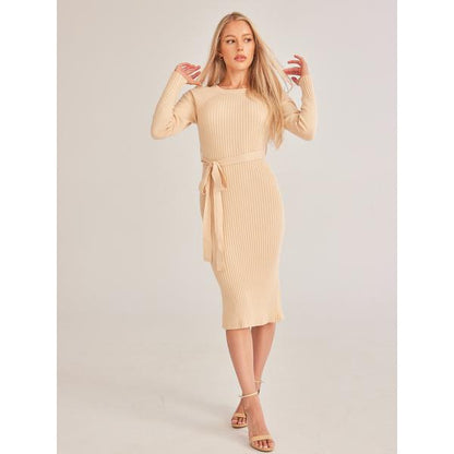 Ribbed Knitted Side Slit Dress with Waist Tie