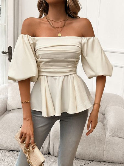 Solid Color Off-Shoulder Ruffle Hem Puff Sleeve Short Top H59TB44TMX