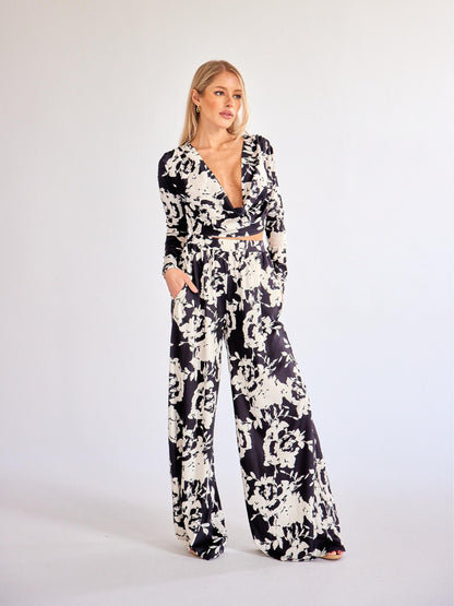 Spring 2024 new Long-Sleeved deep V color Printed two piece set